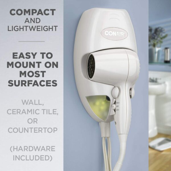 Conair Wall-Mount Hair Dryer, 1600W Hair Dryer with LED Night Light, Wall Mount Blow Dryer