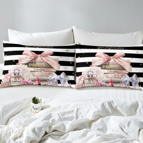 jejeloiu Pink Fashion Bed Sheets Set Queen Size Kids Black White Striped Fitted Sheet with Deep Pocket for Boys Girls Teens Floral Bedding Set Breathable Perfume High Heels Books Bedroom Decor