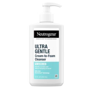 Neutrogena Ultra Gentle Cream-to-Foam Facial Cleanser, Transforms from a Creamy Cleanser to a Foaming Face Wash for Sensitive Skin, Fragrance-Free, Hypoallergenic, Non-Comedogenic, 12 oz