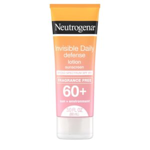Neutrogena Invisible Daily Defense Fragrance-Free Sunscreen Lotion, Broad Spectrum SPF 60+, Oxybenzone-Free & Water-Resistant, Sun & Environmental Aggressor Protection, 3.0 fl. oz