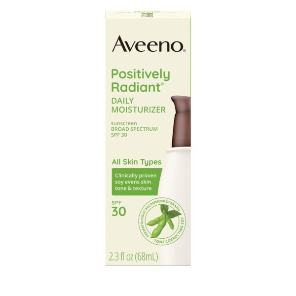 Aveeno Positively Radiant Face Moisturizer with SPF 30 Sunscreen, Hydrating Facial Moisturizer with Soy Extract to Visibly Improve Skin Tone and Texture, Hypoallergenic Formula, Oil-Free, 2.3 FL OZ