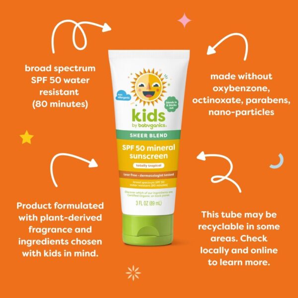 Babyganics SPF 50 Mineral Sunscreen Lotion, Sheer Blend, UVA UVB Protection, Octinoxate & Oxybenzone Free, Water Resistant, Totally Tropical, 3 oz