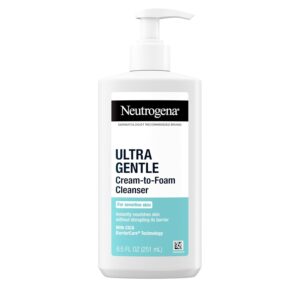 NEUTROGENA Ultra Gentle Cream-to-Foam Daily Facial Cleanser, Transforms from a Creamy Cleanser to a Foaming Face Wash, Gently Cleanses Sensitive Skin, Fragrance-Free, Hypoallergenic, 8.5 oz
