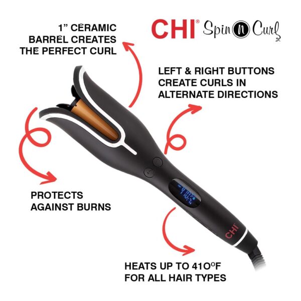 CHI Spin N Curl, Curling Iron For Healthy & Shiny Effortless Curls & Waves, Provides Preset Temperature Settings For Each Hair Texture, Onyx Black
