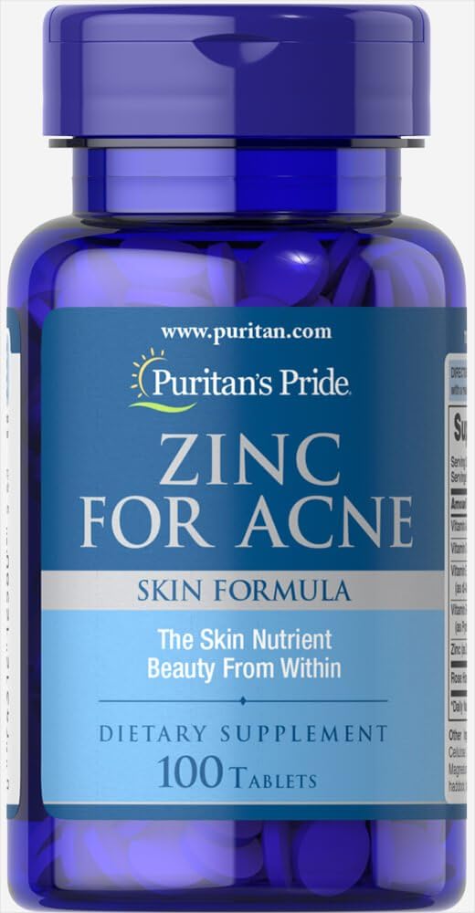 Puritan's Pride Zinc for Acne Skin Formula with Vitamins C, B-6, A, and E for Men and Women, Dietary Supplement for Clear Healthy Skin, Immune System, Cell Division and Growth Support, 100 Tablets