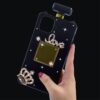 Compatible with iPhone 15 Perfume Bottle Case Luxury Bling Diamond Rhinestone Cute for Women Girls Elegant Glitter Shiny Crystal Crown Love Gem Flower with Crossbody Strap Case Black