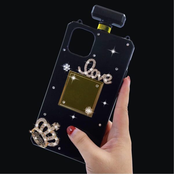 Compatible with iPhone 15 Perfume Bottle Case Luxury Bling Diamond Rhinestone Cute for Women Girls Elegant Glitter Shiny Crystal Crown Love Gem Flower with Crossbody Strap Case Black