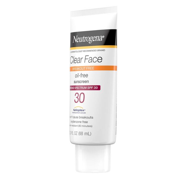 Neutrogena Clear Face Sunscreen Lotion for Acne-Prone Skin, Broad Spectrum SPF 30 Facial Sunscreen for Oily Skin, Fragrance- & Oxybenzone-Free Water Resistant, 3 fl. oz