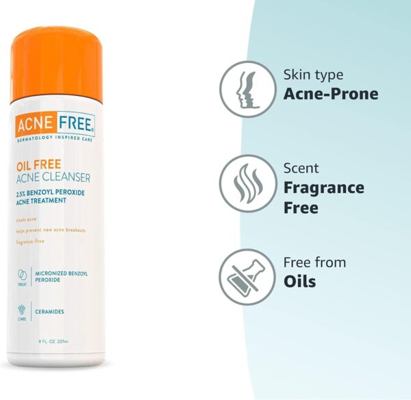 AcneFree Acne Free Oil-Free Cleanser, Benzoyl Peroxide 2.5% with Glycolic Acid to Prevent and Treat Breakouts Unscented, 8 Fl Oz