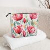 Linen Makeup Bag For Women, Waterproof Travel Cosmetic Organizer Lightweight Zipper Travel Toiletry Bag Organizer Watercolor Tulip Makeup Brushes Storage Bag