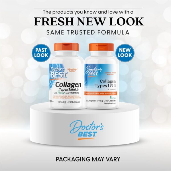 Doctor's Best Collagen Types 1 & 3 with Vitamin C, Non-GMO, Gluten Free, Soy Free, Supports Hair, Skin, Nails, Tendons & Bones, 500 mg, 240 Caps (DRB-00263)