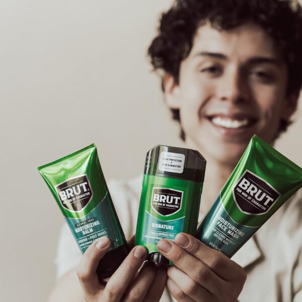 BRUT Moisturizing Balm - Soothing Men’s Face Moisturizer with Signature Scent - Lightweight and Grease-Free Aftershave Lotion - 3.5 oz