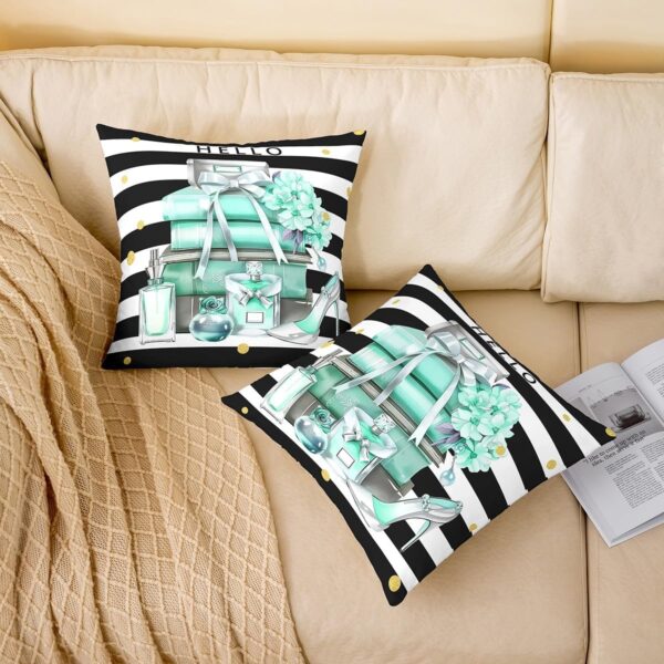 Erosebridal Pack of 4 Black and Turquoise Throw Pillow Covers Fashion Black White Girly Cushion Cases Modern Flower Floral Perfume Striped Pillow Covers High Heels Magazine Books Decor,18x18 Inch