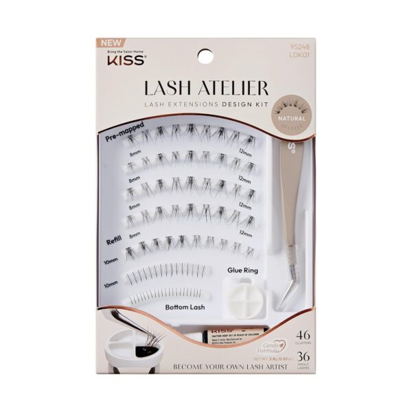 KISS Lash Atelier Professional Lash Extension Kit, ‘Natural’, Pre-Mapped False Eyelashes, 46 Lash Clusters & 36 Individual Lashes, Last For Up To 7 Days, Glue Ring, Applicator