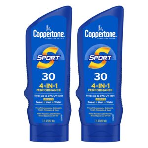 Coppertone Sport Sunscreen Lotion SPF 30, Sweat, Heat and Water Resistant Sunblock, Lightweight, Oxybenzone Free, Sunscreen Twin Pack, 3 Fl Oz Bottle, Pack of 2