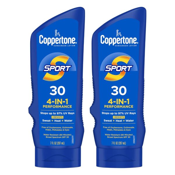 Coppertone Sport Sunscreen Lotion SPF 30, Sweat, Heat and Water Resistant Sunblock, Lightweight, Oxybenzone Free, Sunscreen Twin Pack, 3 Fl Oz Bottle, Pack of 2