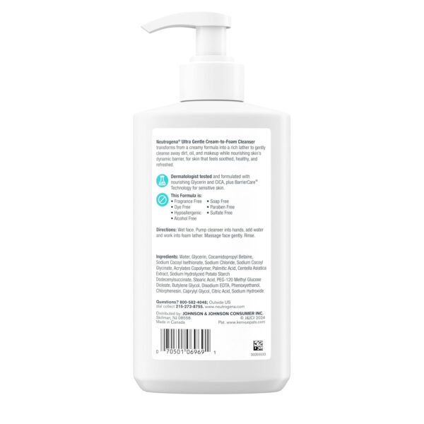 Neutrogena Ultra Gentle Cream-to-Foam Facial Cleanser, Transforms from a Creamy Cleanser to a Foaming Face Wash for Sensitive Skin, Fragrance-Free, Hypoallergenic, Non-Comedogenic, 12 oz