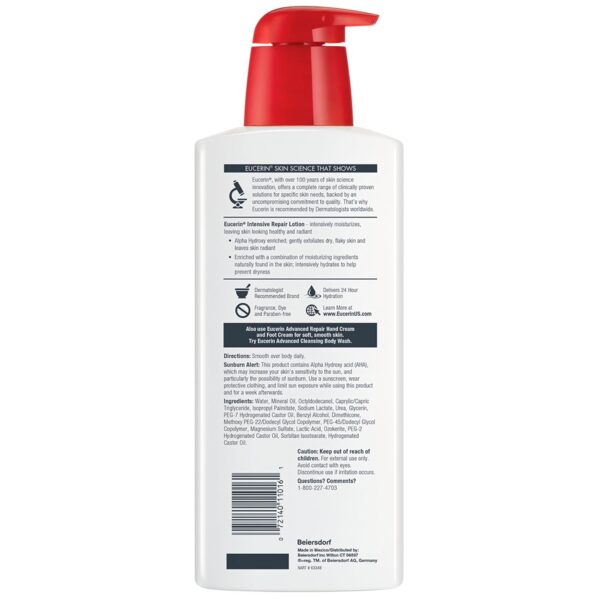 Eucerin Intensive Repair Body Lotion for Dry Skin with Alpha Hydroxy, Body Moisturizer for Very Dry Skin, Moisturizes, Exfoliates and Conditions, Fragrance Free and Paraben Free, 16.9 Fl Oz Bottle