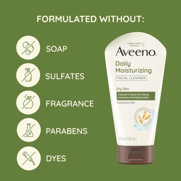 Aveeno Daily Moisturizing Facial Cleanser for Dry Skin, Hydrating Acne Face Wash with Soothing Oat for soft & Supple Skin, Free of Parabens, Sulfates, Fragrance, Dyes & Soaps, 5 fl. oz, 3 Pack