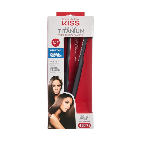 KISS Nano Titanium Professional Flat Iron Hair Straightener & Styling Tool, 0.5" Non-Stick Chemical Resistant Titanium Plates, Variable Temperature Control, Ergonomic Design, Up to 450°F, 0.86 Pounds