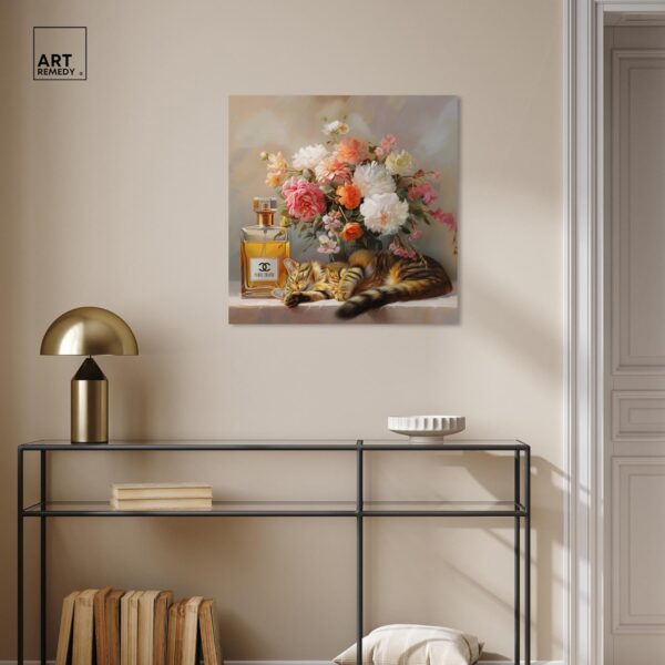 Cat Floral Vase Perfume Canvas Fashion Pet Art, Gallery Wrapped, 24" x 24"