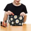 Makeup Bag for Women Cosmetic Bags Daisy Flower Pattern Travel Toiletry Bag Cute Zipper Make Up Bags Large Capacity Makeup Case Organizer Portable Makeup Pouch for Travelling Gift