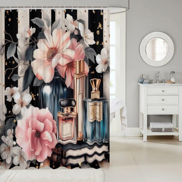 Erosebridal Pink Floral Bath Curtain Modern Fashion Shower Curtain for Girls Women Romantic Makeup Themed Bathroom Decor Black White Stripe Waterproof Curtain Perfume Print Curtain,72" W x 84" L