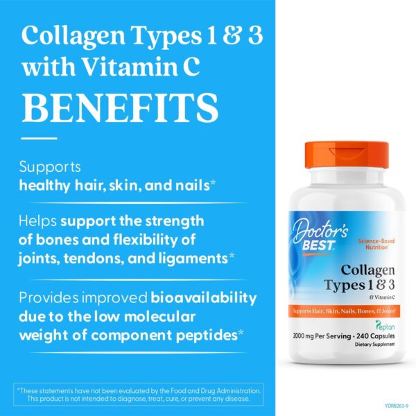 Doctor's Best Collagen Types 1 & 3 with Vitamin C, Non-GMO, Gluten Free, Soy Free, Supports Hair, Skin, Nails, Tendons & Bones, 500 mg, 240 Caps (DRB-00263)