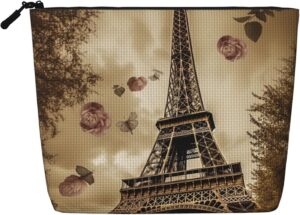 Linen Makeup Bag For Women, Waterproof Travel Cosmetic Organizer Lightweight Zipper Travel Toiletry Bag Organizer Paris Eiffel Tower Makeup Brushes Storage Bag