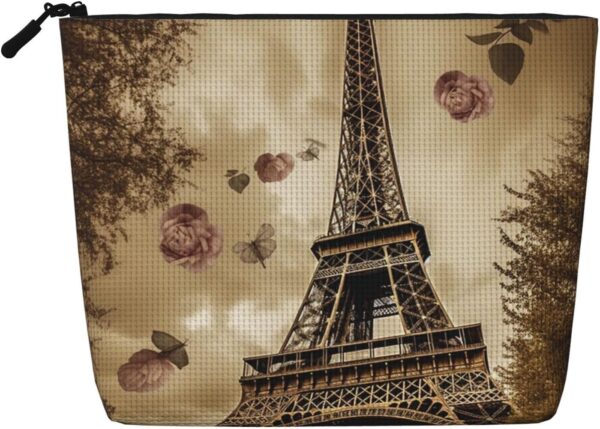 Linen Makeup Bag For Women, Waterproof Travel Cosmetic Organizer Lightweight Zipper Travel Toiletry Bag Organizer Paris Eiffel Tower Makeup Brushes Storage Bag