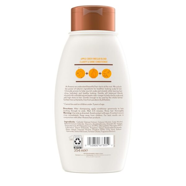 Aveeno Apple Cider Vinegar Sulfate-Free Conditioner for Balance & High Shine, Daily Moisturizing & Scalp Soothing Conditioner for Oily or Dull Hair, Paraben & Dye-Free, 12oz