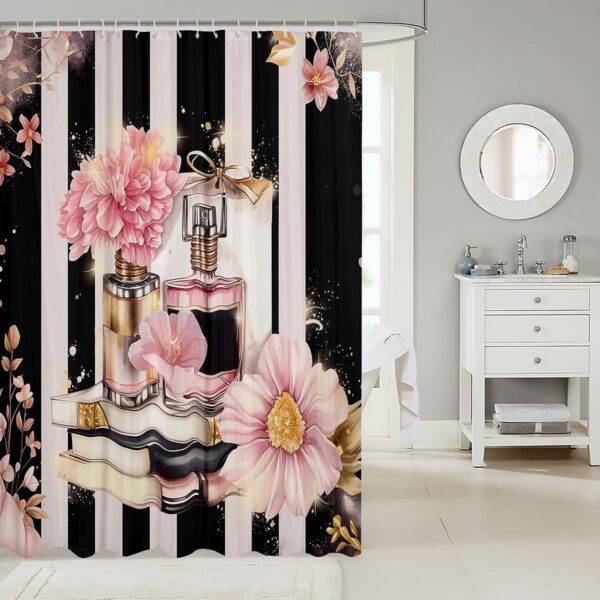 Erosebridal Pink Floral Shower Curtain Modern Fashion Girly Bath Curtain Romantic Makeup Themed Bathroom Decor Black White Stripe Waterproof Curtain Women Perfume Print Curtain,72" W x 84" L