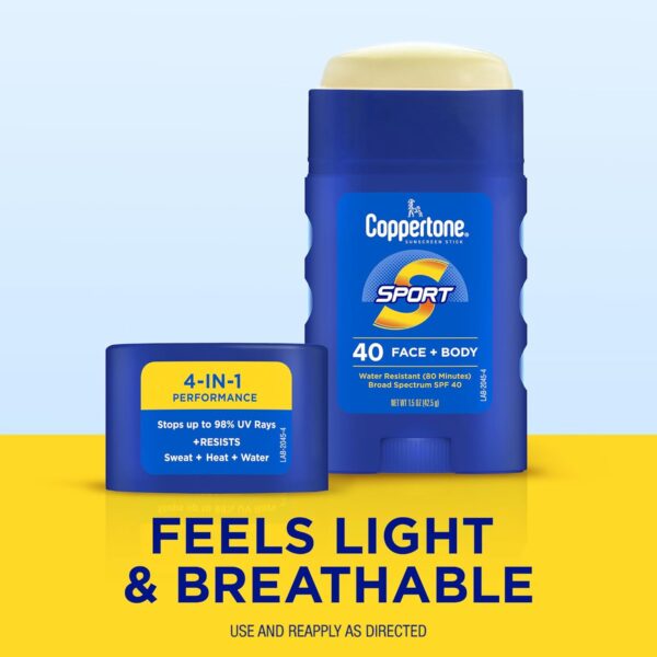 Coppertone Sport Sunscreen Stick SPF 40, Stick Sunscreen for Face and Body, Water Resistant, Travel Size, 1.5 Oz