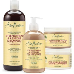 SheaMoisture Jamaican Black Castor Oil Hair Care Set: 16oz Growth Shampoo, 13oz Strengthening Conditioner, 11.5oz Leave-In Treatment, 12oz Restorative Masque for Curly Hair