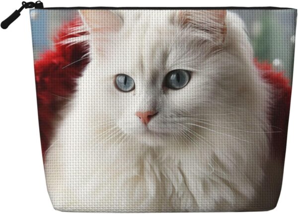 Linen Makeup Bag For Women, Waterproof Travel Cosmetic Organizer Lightweight Zipper Travel Toiletry Bag Organizer Cute White Cat Makeup Brushes Storage Bag