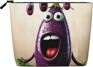 Linen Makeup Bag For Women, Waterproof Travel Cosmetic Organizer Lightweight Zipper Travel Toiletry Bag Organizer Cartoon Eggplant Makeup Brushes Storage Bag