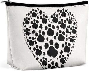 Dog Paw Print Love Heart Makeup Bag for Women Portable Travel Toiletry Pouch, PU Leather Cosmetic Bag with Zipper
