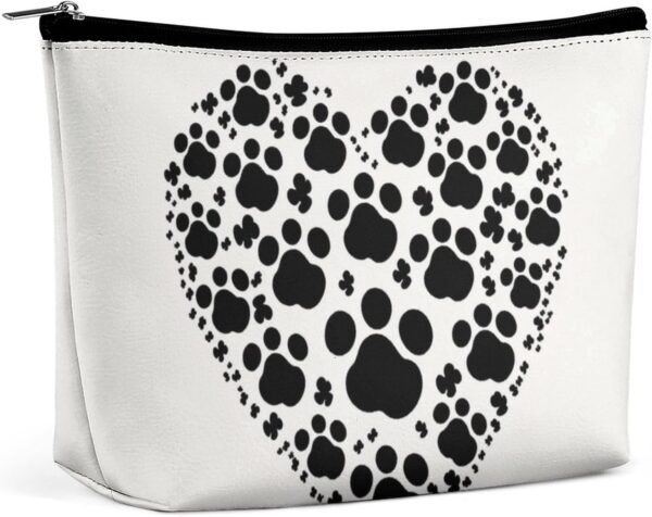 Dog Paw Print Love Heart Makeup Bag for Women Portable Travel Toiletry Pouch, PU Leather Cosmetic Bag with Zipper