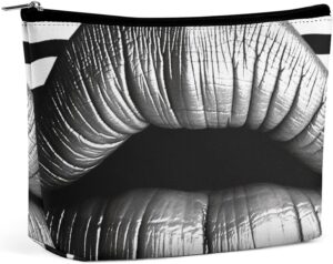 Makeup Bag for Women Cosmetic Bags Lips In Black And White Stripes Travel Toiletry Bag Cute Zipper Make Up Bags Large Capacity Make Up Case Organizer Portable Makeup Pouch for Travelling Gift