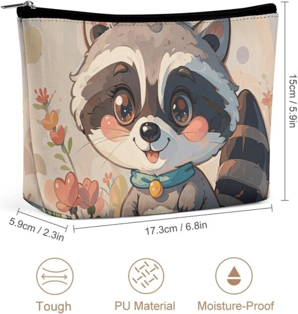 Cartoon Cute Raccoon Makeup Bag for Women Portable Travel Toiletry Pouch, PU Leather Cosmetic Bag with Zipper