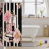 Erosebridal Pink Floral Shower Curtain Modern Fashion Girly Bath Curtain Romantic Makeup Themed Bathroom Decor Black White Stripe Waterproof Curtain Women Perfume Print Curtain,72" W x 84" L