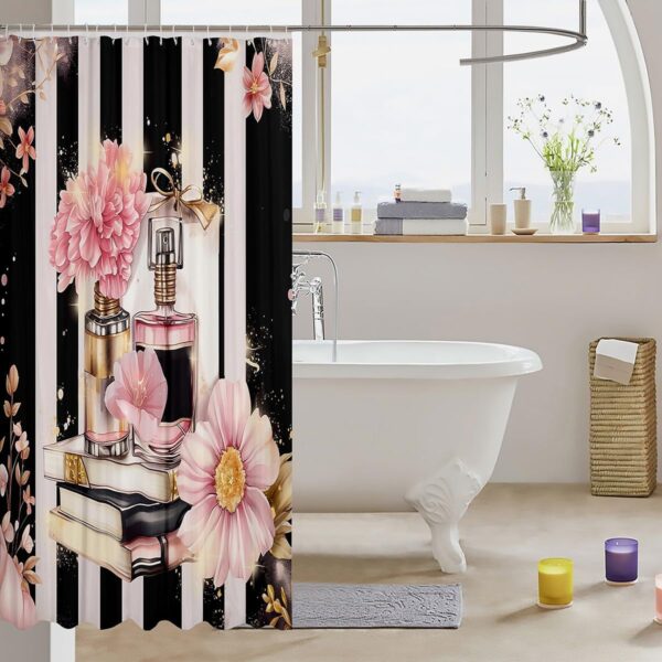 Erosebridal Pink Floral Shower Curtain Modern Fashion Girly Bath Curtain Romantic Makeup Themed Bathroom Decor Black White Stripe Waterproof Curtain Women Perfume Print Curtain,72" W x 84" L