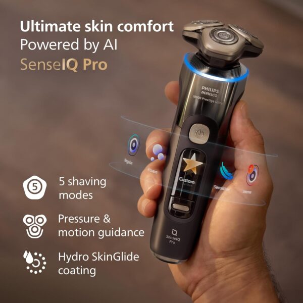 Philips Norelco Shaver i9000 Prestige Ultra, Wet & Dry Electric Shaver, Dark Slate, SenseIQ Pro Technology, Triple Lift & Cut System, 360 Rotating NanoTech Precision Blades, Quick Clean Pod, XP9402/86