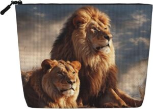 Linen Makeup Bag For Women, Waterproof Travel Cosmetic Organizer Lightweight Zipper Travel Toiletry Bag Organizer Two Lions Makeup Brushes Storage Bag