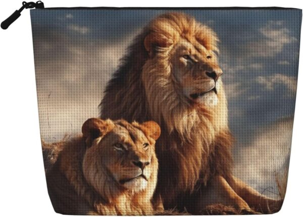 Linen Makeup Bag For Women, Waterproof Travel Cosmetic Organizer Lightweight Zipper Travel Toiletry Bag Organizer Two Lions Makeup Brushes Storage Bag