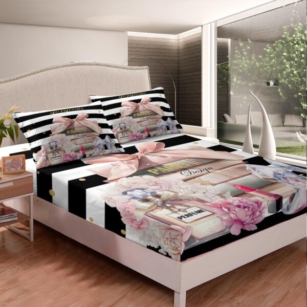 jejeloiu Pink Fashion Bed Sheets Set Queen Size Kids Black White Striped Fitted Sheet with Deep Pocket for Boys Girls Teens Floral Bedding Set Breathable Perfume High Heels Books Bedroom Decor