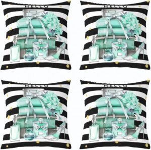 Erosebridal Pack of 4 Black and Turquoise Throw Pillow Covers Fashion Black White Girly Cushion Cases Modern Flower Floral Perfume Striped Pillow Covers High Heels Magazine Books Decor,18x18 Inch