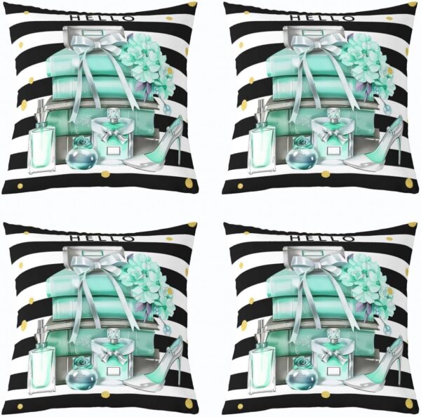 Erosebridal Pack of 4 Black and Turquoise Throw Pillow Covers Fashion Black White Girly Cushion Cases Modern Flower Floral Perfume Striped Pillow Covers High Heels Magazine Books Decor,18x18 Inch