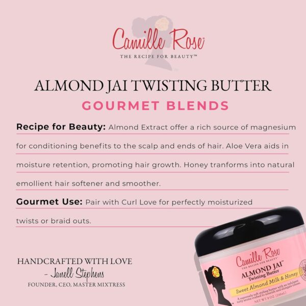 Camille Rose Almond Jai Twisting Hair Styling Butter, with Aloe and Honey, to Soften Smooth and Moisturize, for All Hair Types, 8 oz