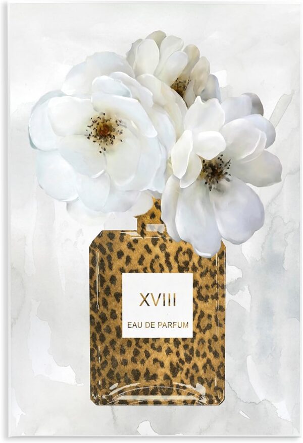 Stupell Industries Leopard Print Perfume Bottle Glam White Spring Florals, Design by Carol Robinson Wall Plaque, 10 x 15